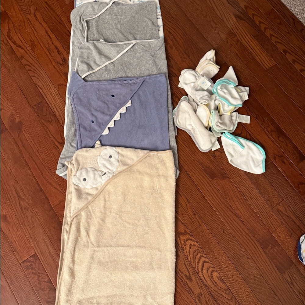 Set of Baby Hooded Towels in Gray, Blue, and Cream